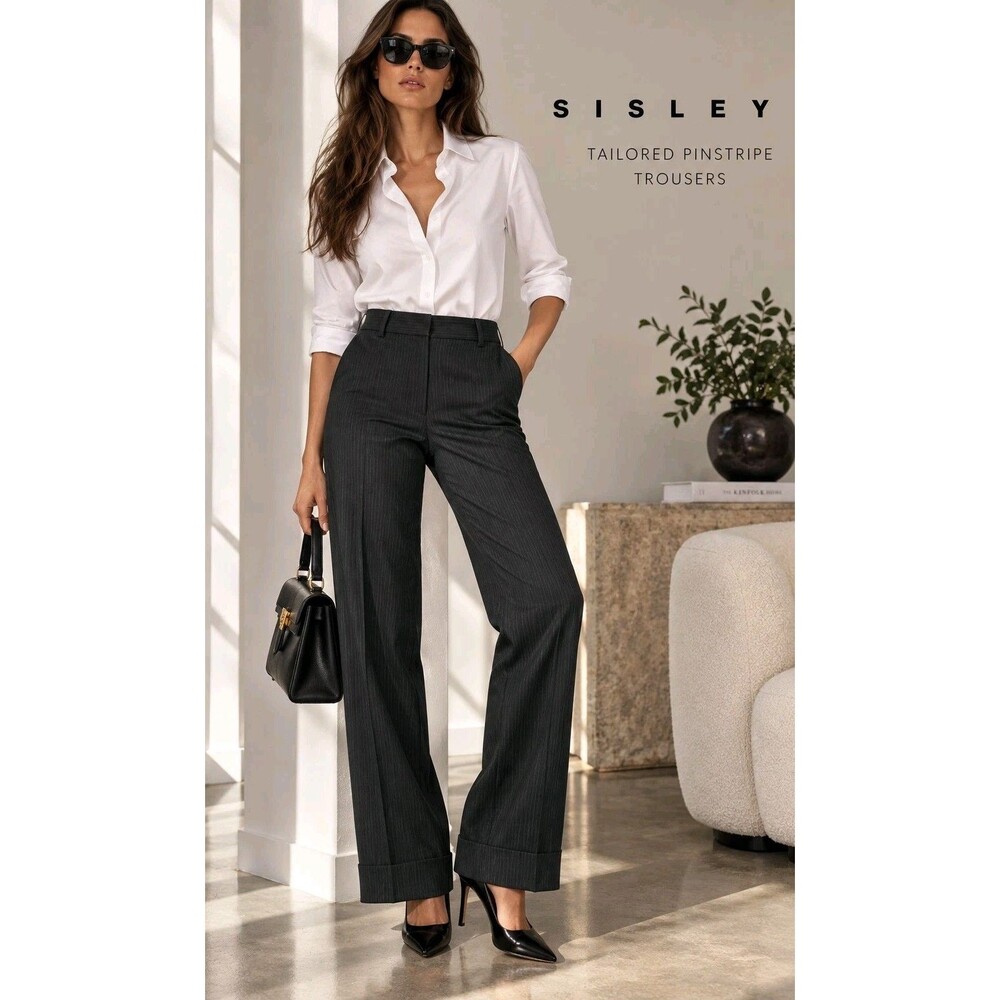 Sisley Womens Pants IT 40 US 4 Gray Pinstripe Tailored Cuffed Hem Trousers